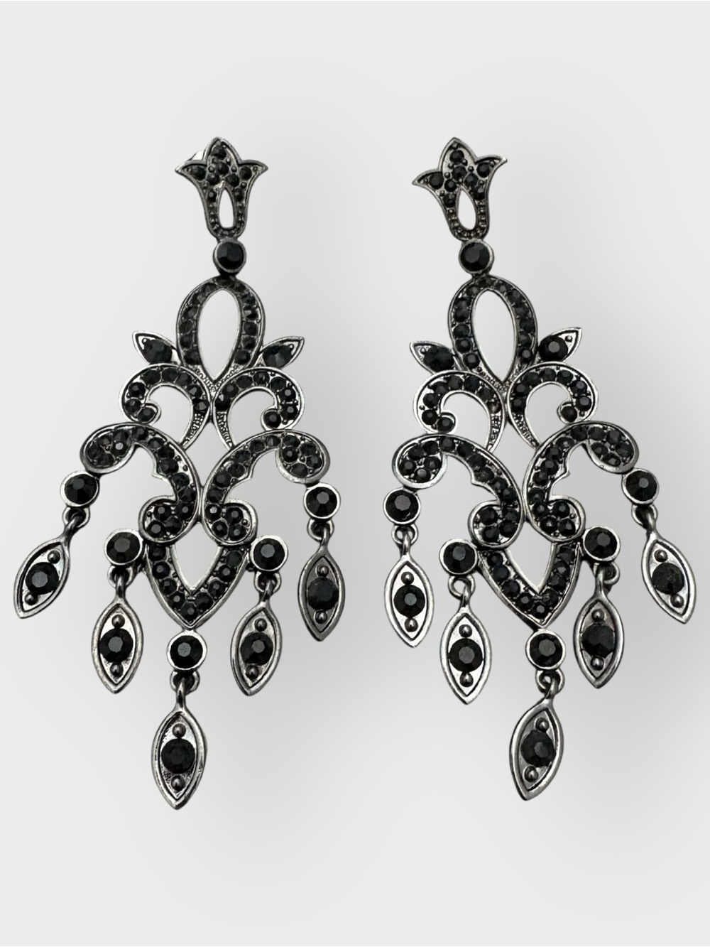 Gothic Chandelier Gunmetal Black Crystal Dangling Earrings - Filigree